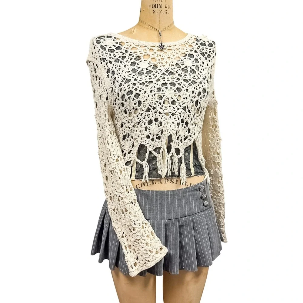 Boho Cream Crochet Fringe Sweater Top Long Sleeve Open Knit Elevated S Coastal